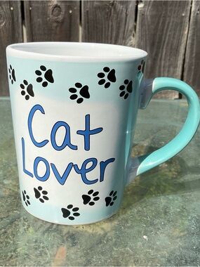 Tumbleweed Cat Lover Ceramic Mug Turquoise Blue Handle with Paw Prints 4.75”